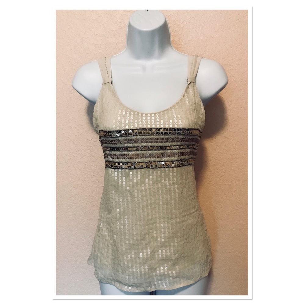 WHBM Beige Gold Beaded Sequin Front Top Size XS